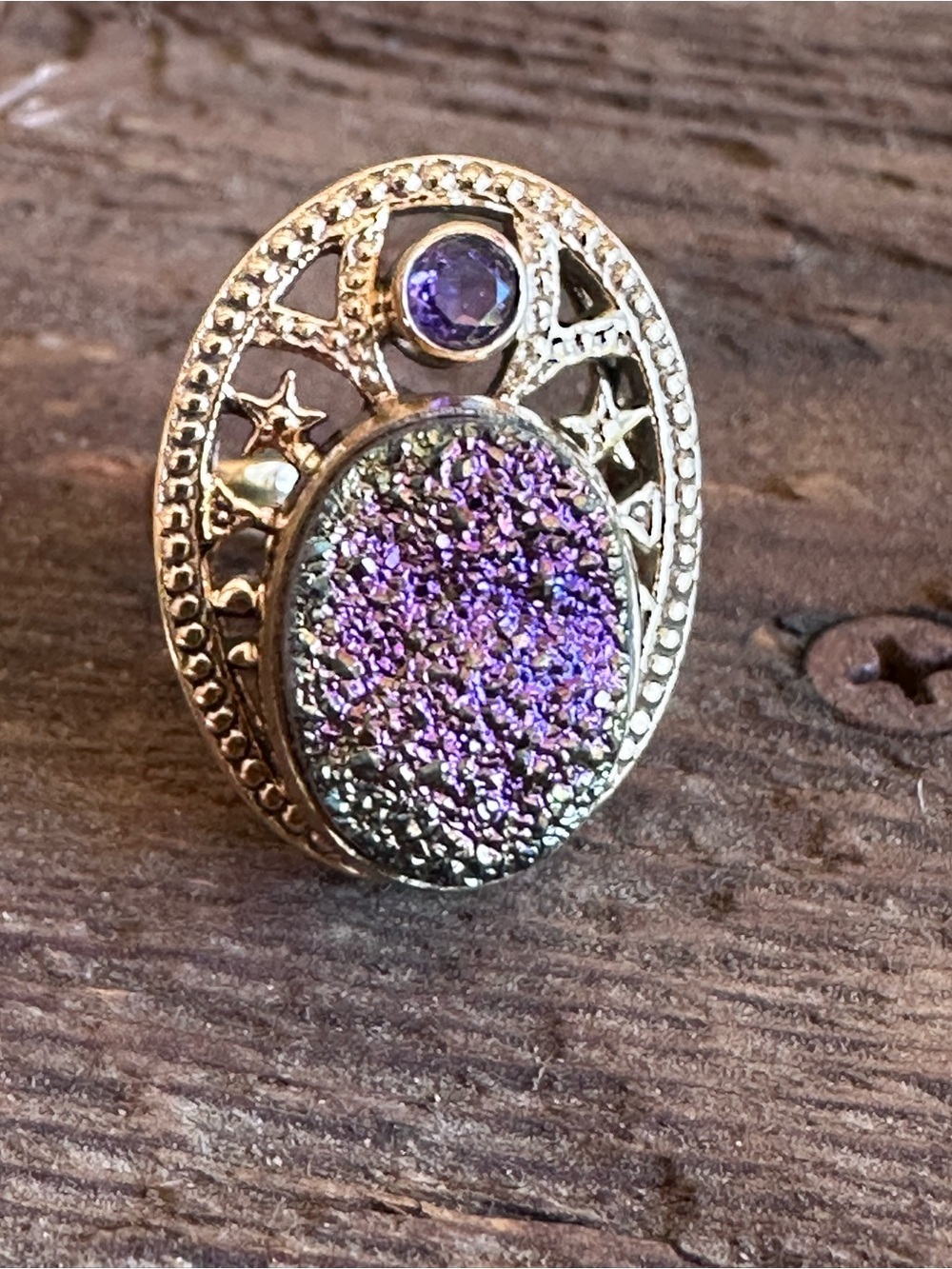 Nicky Butler Ring Gold Tone Purple Druzy Amethyst Size 7 Celestial Whimsygoth